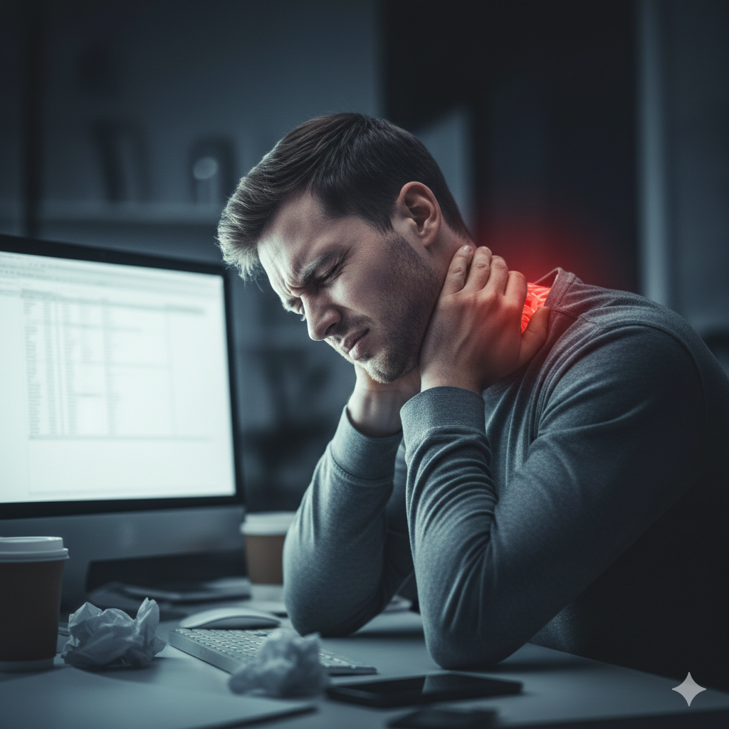 Hombre con dolor cervical cansancio